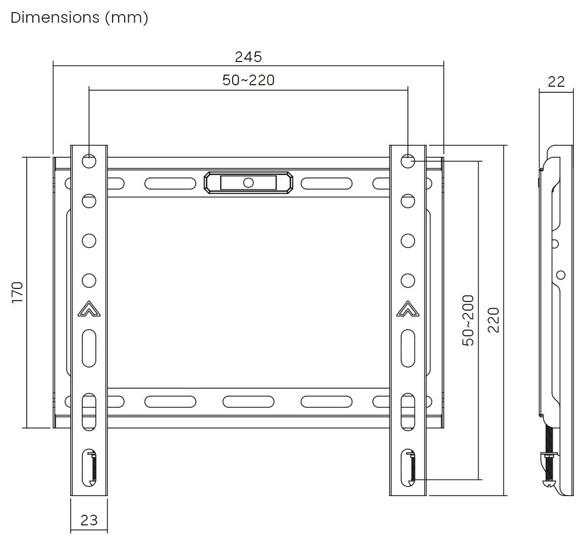 Wandmontage-Halterung Abmessungen: Breite 245 mm, Höhe 170 mm, verstellbar von 50 bis 220 mm. Seitenansicht Dicke 22 mm.