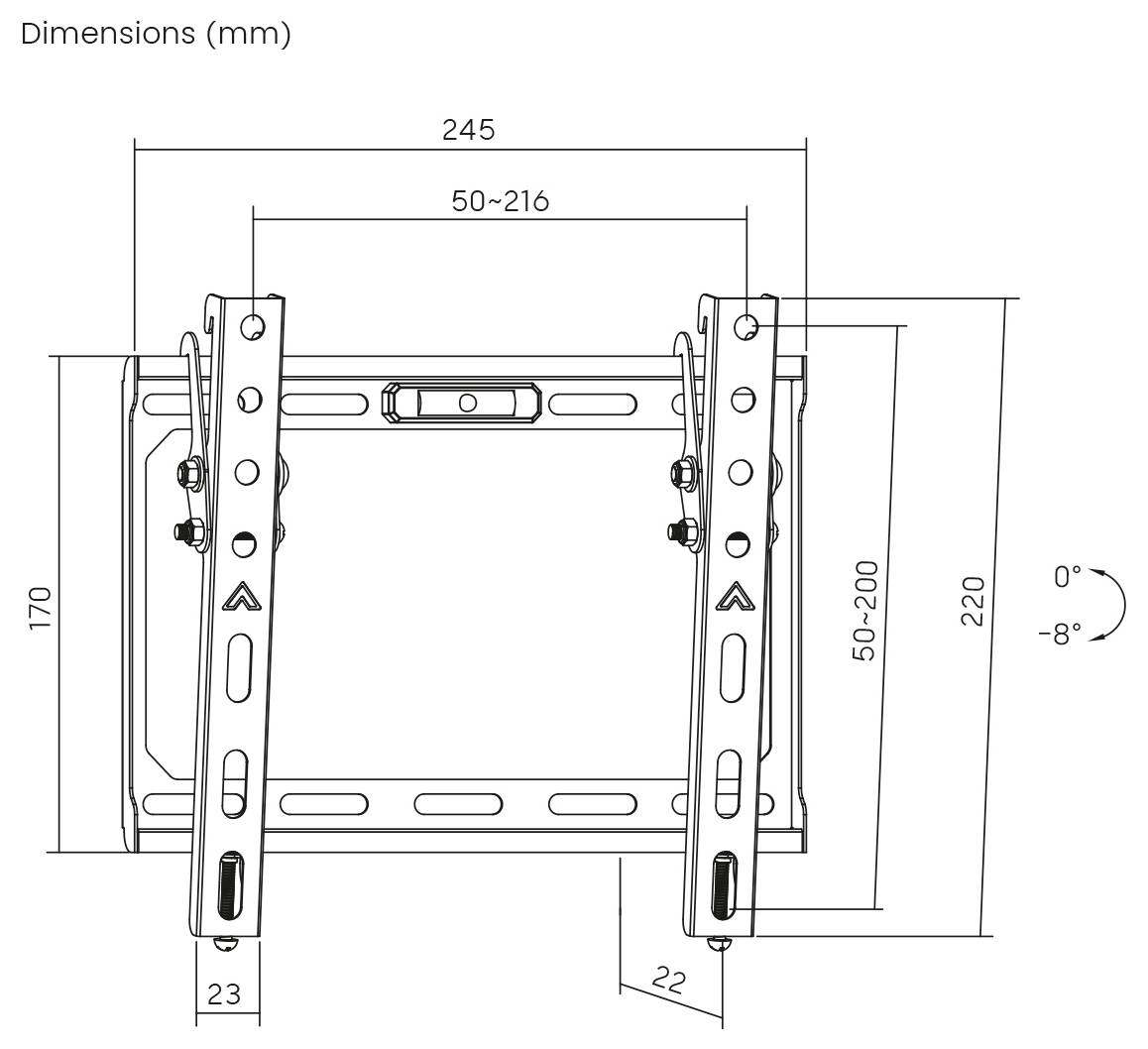Diagramm einer Wandmontageklammer mit Abmessungen in Millimetern: Breite 245, Höhe 170, Tiefe 22. Verstellbare Neigung von 0 bis -8 Grad.