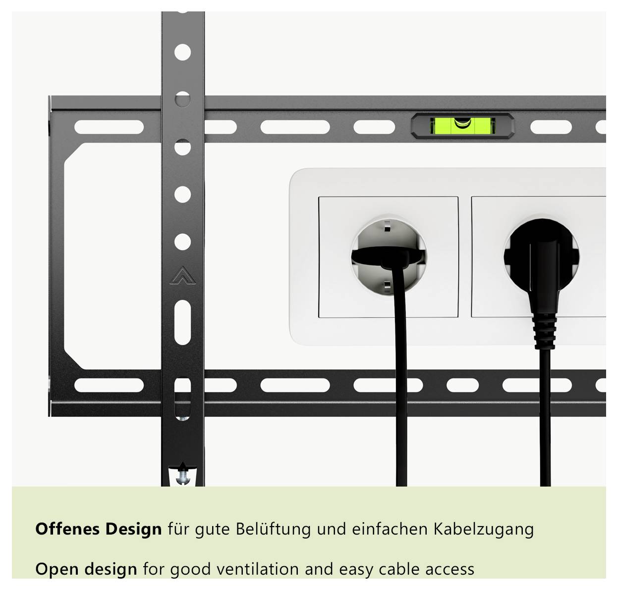 Offenes Design für gute Belüftung und einfachen Kabelzugang, gezeigt mit Wandmontage und angeschlossenen Kabeln.