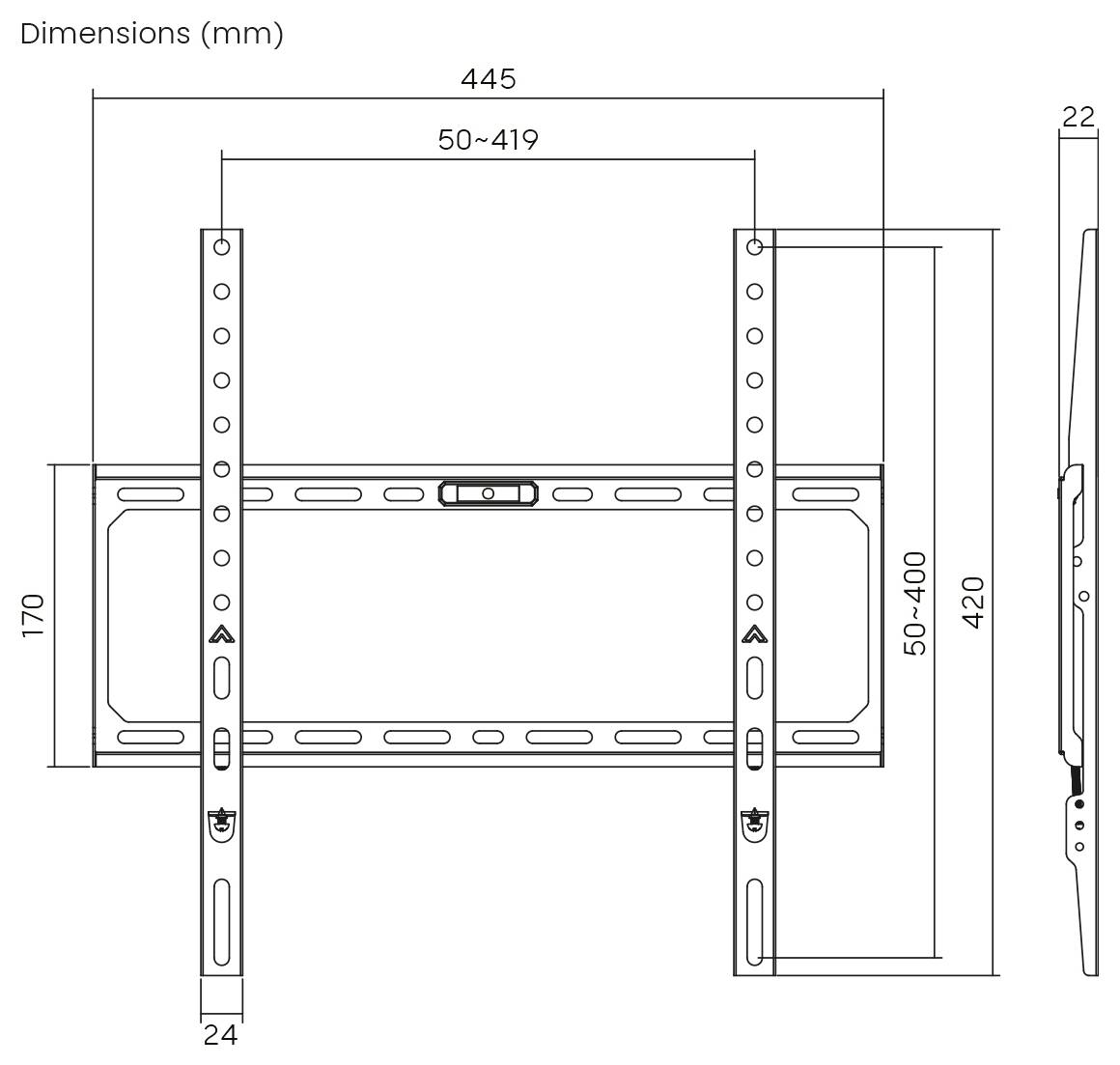 Wandmontagehalterung technische Zeichnung mit Abmessungen. Breite: 445mm, Höhenbereich: 50-419mm, Profiltiefe: 24mm, geeignet für verschiedene Bildschirmgrößen.