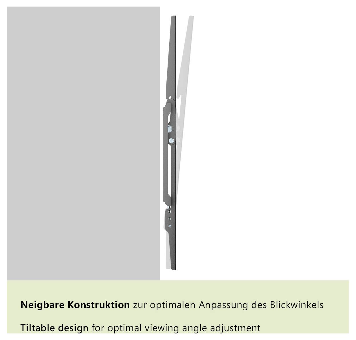 Eine Wandhalterung wird mit einem neigbaren Design für optimale Anpassung des Betrachtungswinkels gezeigt.