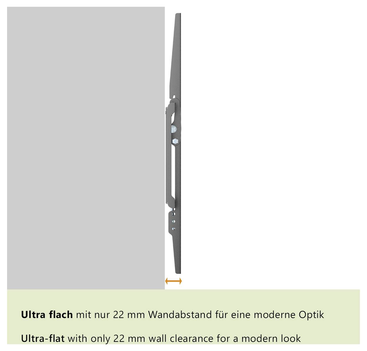 Eine Seitenansicht einer dünnen Wandmontageklammer, die den Fernseher ultraflach mit nur 22 mm Wandabstand positioniert zeigt und einen modernen Look betont.