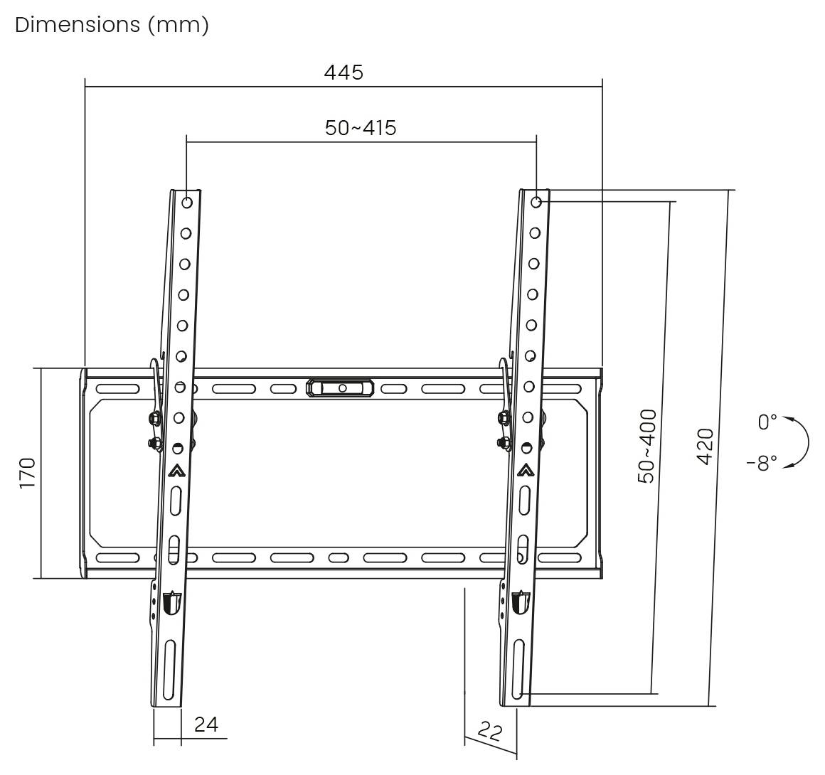 Illustration einer TV-Wandhalterung mit verstellbarem Neigungswinkel. Zeigt Abmessungen: Breite 445 mm, Höhe 420 mm und Tiefe 24 mm. Neigungsbereich: 0° bis -8°.