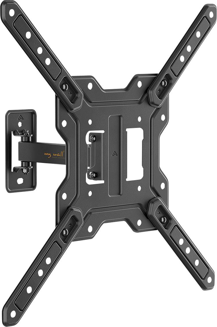 Eine schwarze Metall-Wandhalterung für Fernseher mit verstellbaren Armen, die zur Unterstützung von Flachbildfernsehern konzipiert ist. Die Halterung verfügt über mehrere Schraubenlöcher zur Befestigung.