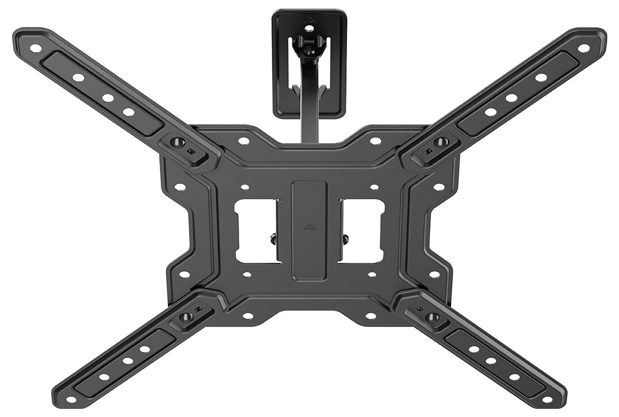 Eine schwarze Wandhalterung für einen Flachbildfernseher, von vorne gezeigt, mit verstellbaren Armen und einer zentralen Befestigungshalterung.