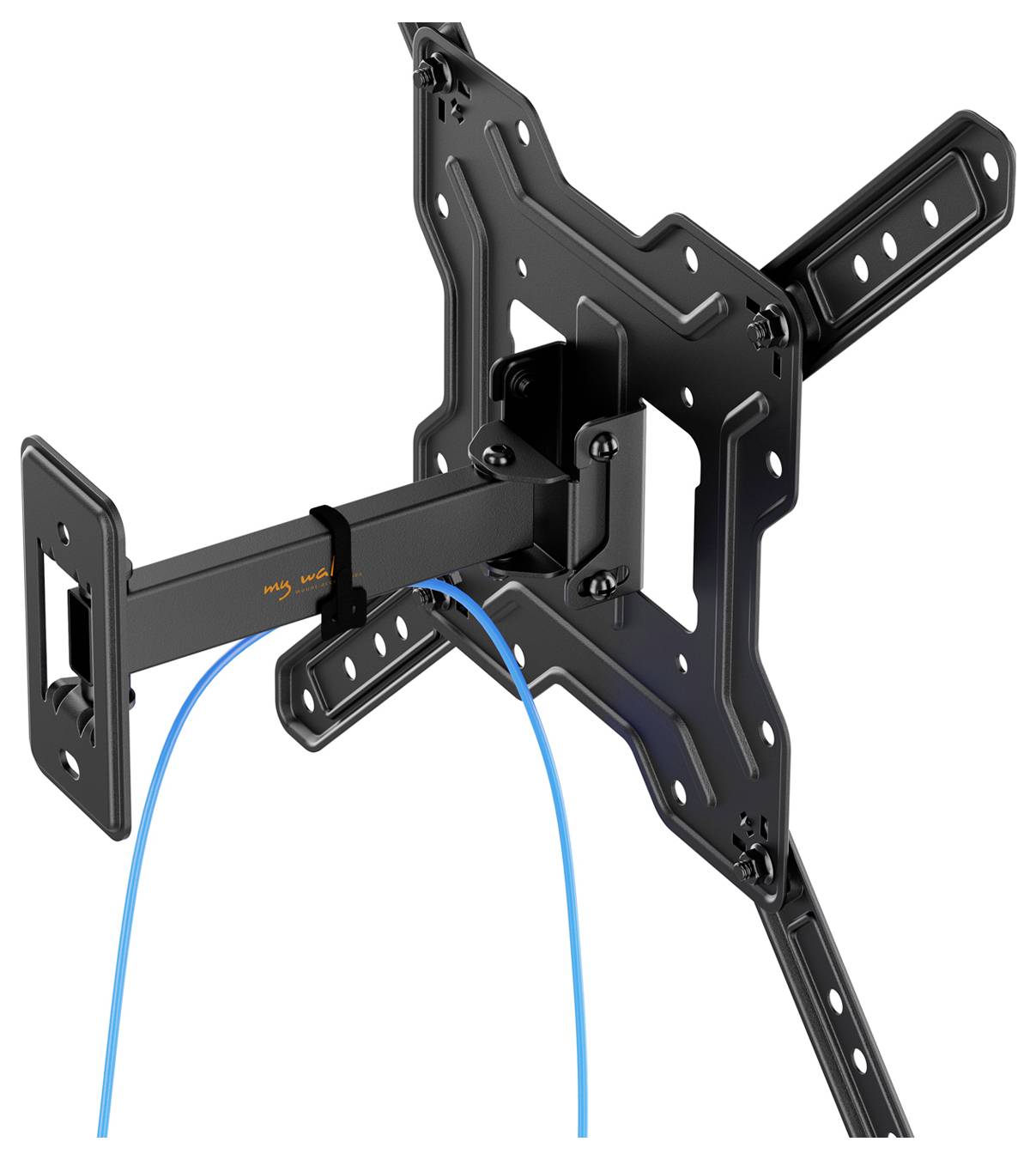Schwarze Wandhalterung für Fernseher mit verstellbaren Armen und blauen Kabeln, entwickelt zum Anbringen von Flachbildfernsehern an Wänden.