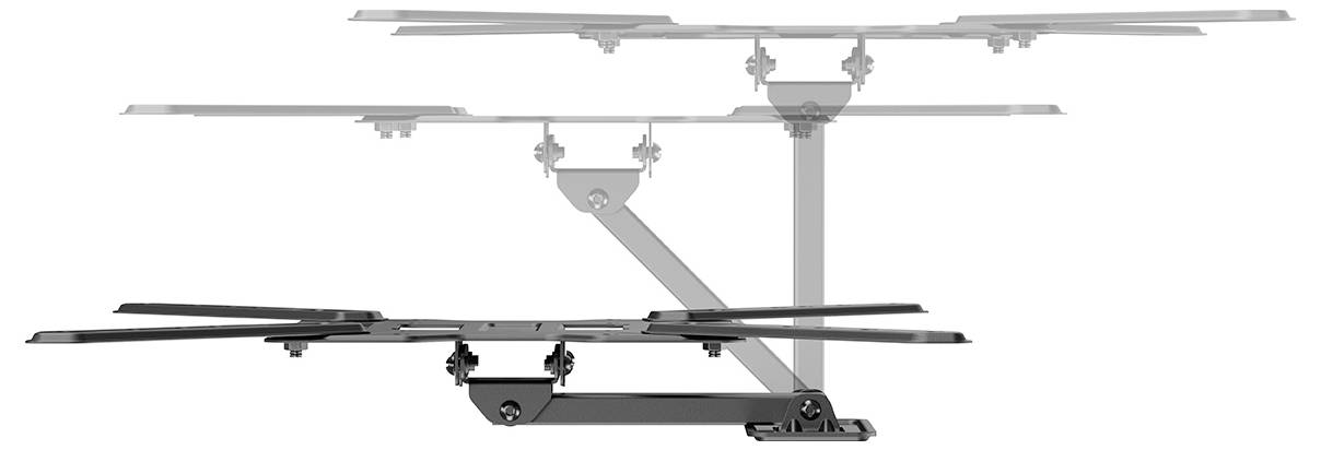 Ein teleskopisches verstellbares Montagesy­stem, das in verschiedenen ausgefahrenen Positionen dargestellt ist und seine Flexibilität und Bewegungsfreiheit hervorhebt.