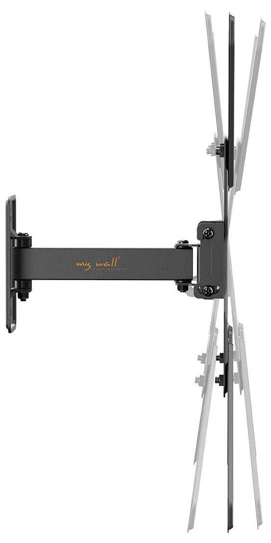 Wandmontagehalterung für Flachbildfernseher, dargestellt in einer Seitenansicht. Verstellbare Arme und Neigungsfunktionen sind sichtbar und ermöglichen eine vielseitige Positionierung.