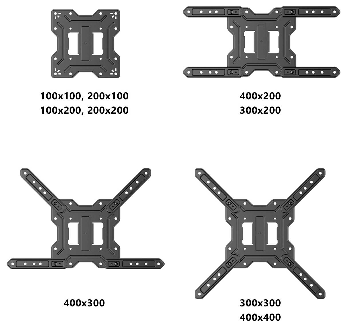 Vier VESA-Montageklammern für Bildschirme, mit kompatiblen Abmessungen gekennzeichnet: '100x100, 200x100, 100x200, 200x200', '400x200, 300x200', '400x300', '300x300, 400x400'.