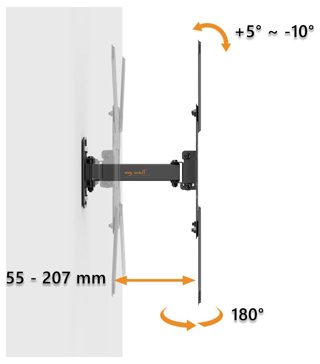 Ein Diagramm einer wandmontierten Fernsehhalterung mit verstellbarer Neigung von +5° bis -10°, mit einer Auszugslänge von 55-207 mm und einer 180°-Schwenkbewegung.