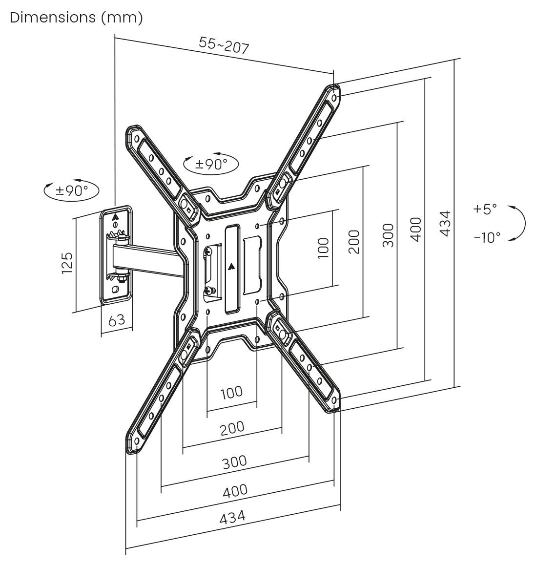 Diagramm einer Wandhalterung für einen Fernseher mit Abmessungen in Millimetern. Verstellbare Winkel von ±90° horizontal und +5° bis -10° vertikal.