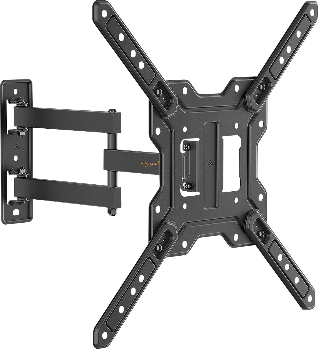 Schwarze Wandhalterung für Flachbildfernseher mit verstellbaren Armen und mehreren Befestigungspunkten.