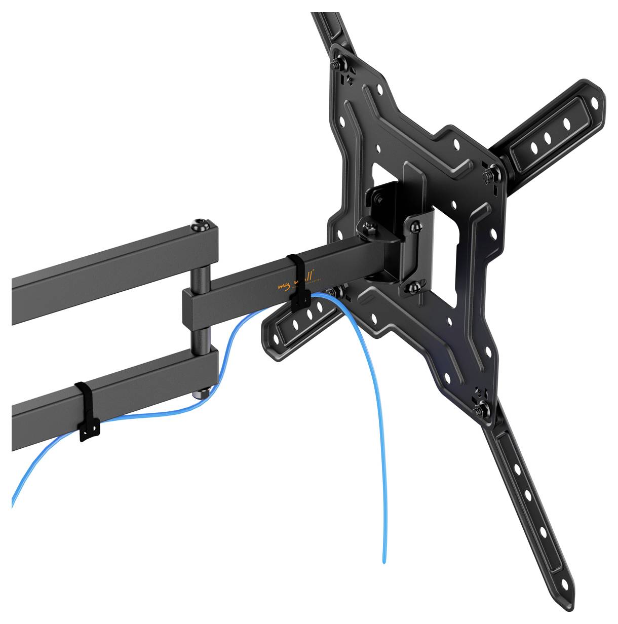 Wandmontageklammer für Fernseher mit verstellbaren Armen und Kabelführungssystem, das mehrere Positionierungsmöglichkeiten bietet.