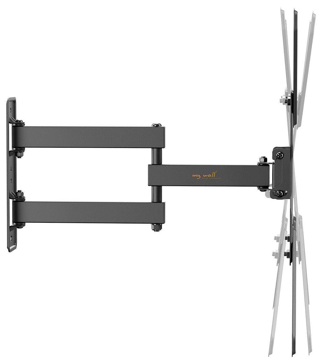 Wandmontierter schwarzer Fernsehhalter mit verstellbaren Armen und Neigungsfunktion, dargestellt in ausgefahrenem Zustand.