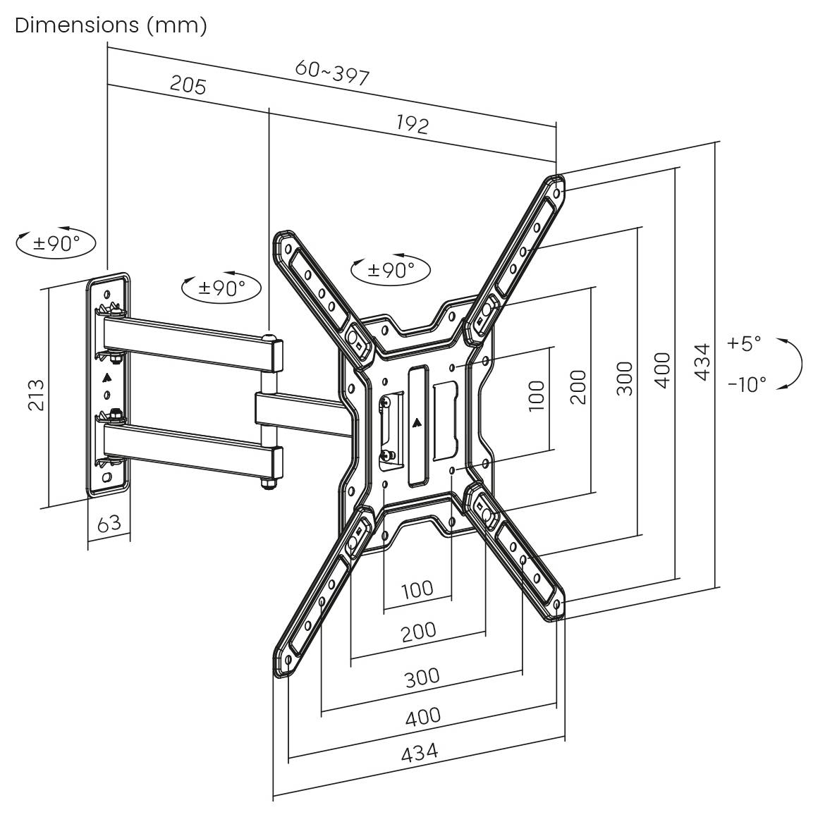 Wandhalterung für Fernseher mit verstellbarem Arm, detaillierte Abmessungen in Millimetern. Ermöglicht eine Rotation von bis zu ±90° und eine Neigung von ±5°. Geeignet für VESA-Muster.