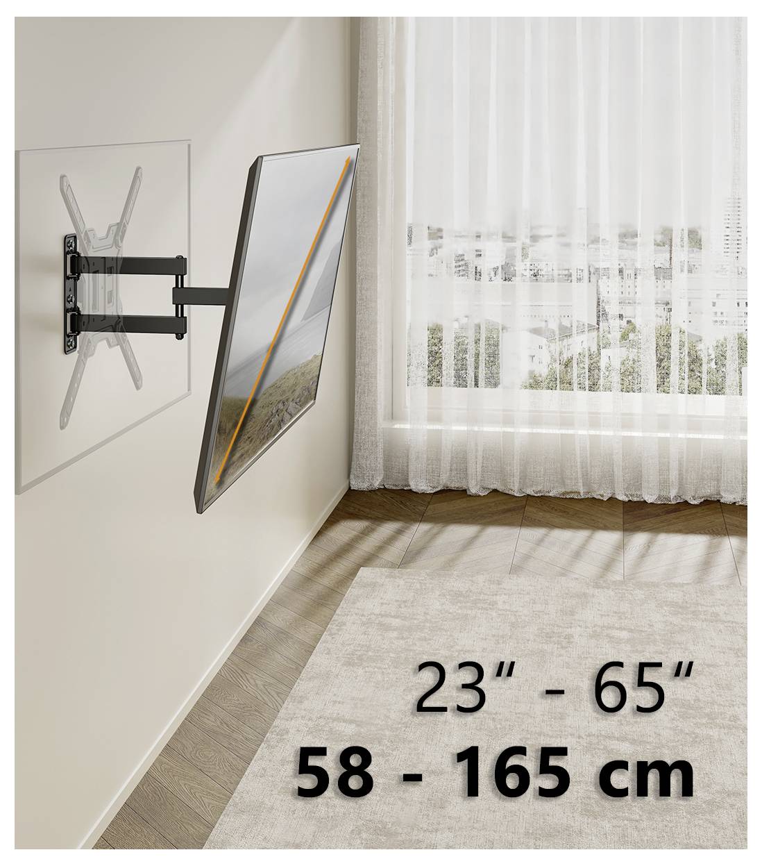 Ein Flachbildfernseher, der auf einer ausziehbaren Wandhalterung montiert ist, in einem hellen Raum mit großen Fenstern. Der Text lautet „23