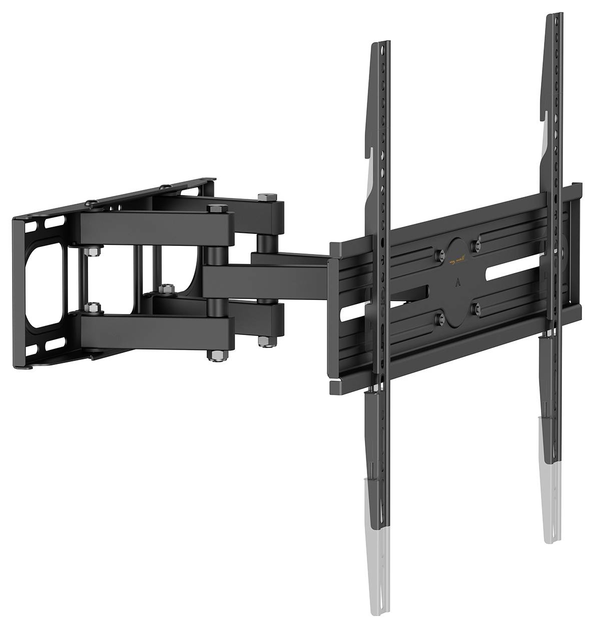 Eine schwarze TV-Wandhalterung mit ausziehbarem Arm, entworfen um Flachbildfernseher zu halten.