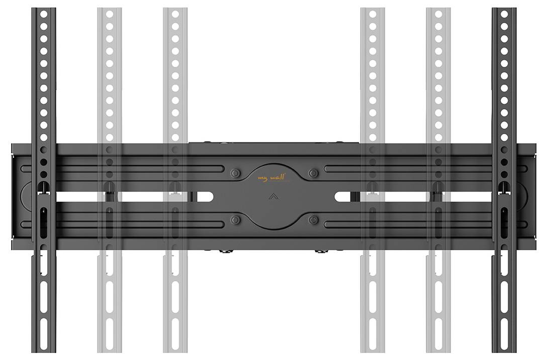 Eine schwarze TV-Wandhalterung mit verstellbaren Halterungen und mehreren Löchern für Flexibilität bei der Installation, von hinten betrachtet.