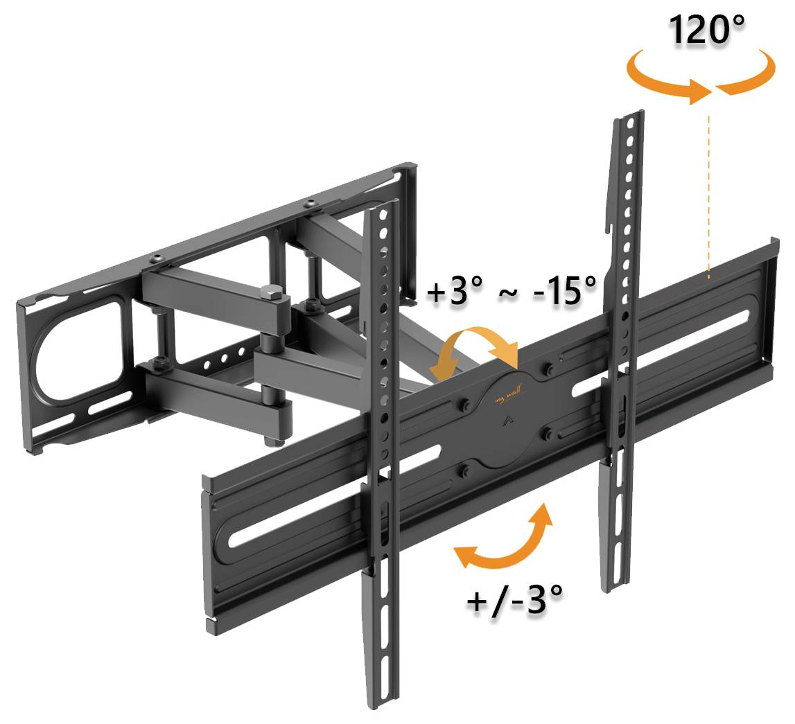 Wandmontageklammer für Flachbildfernseher ermöglicht eine Schwenkung von 120 Grad, eine Neigung von +3 bis -15 Grad und eine Rotation von ±3 Grad.
