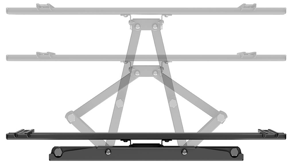 Verstellbare, zweigeschossige Plattform mit einem Mechanismus, der die obere Plattform in einem Winkel anhebt, geeignet für ergonomische Workstation-Setups.