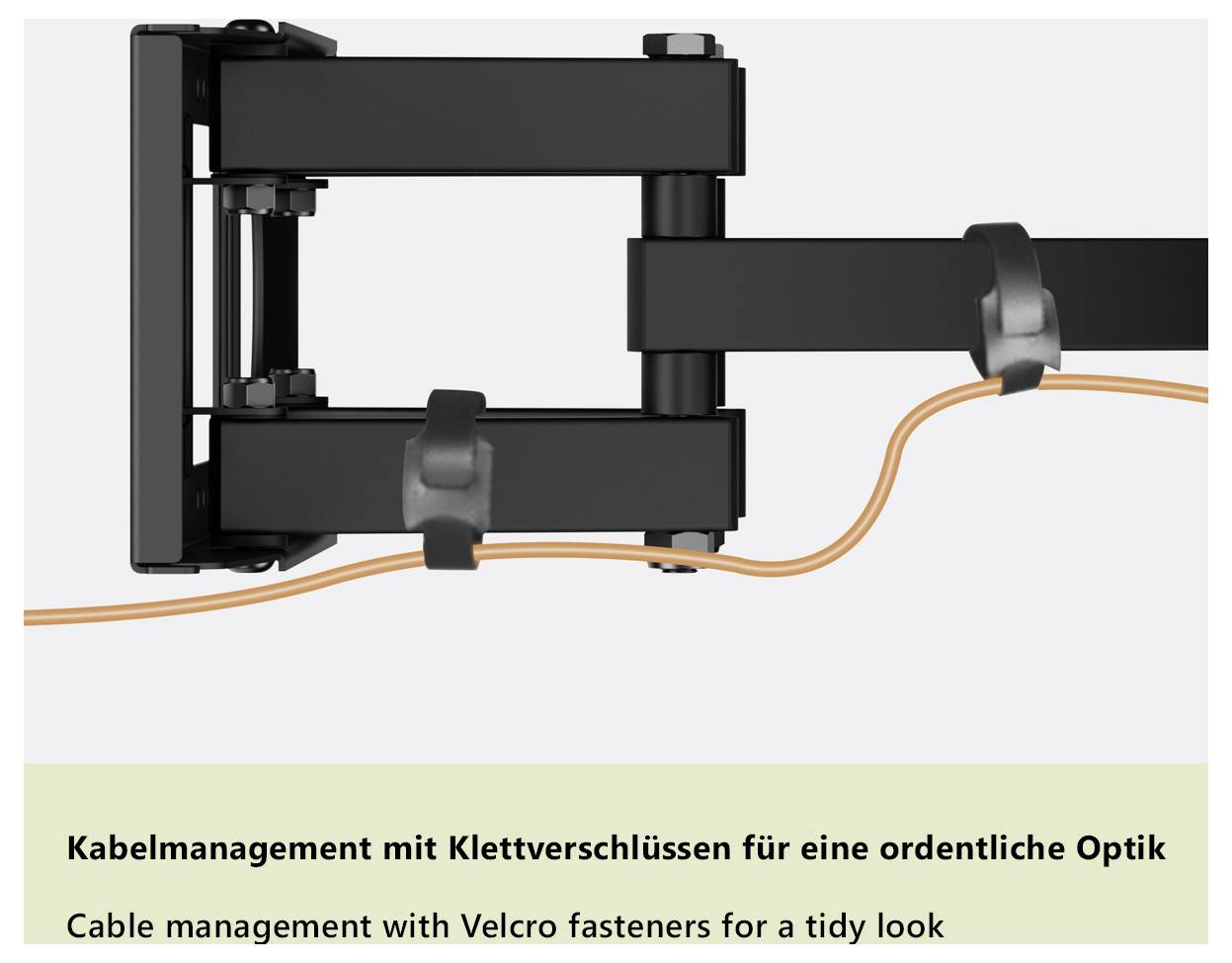 Ein Kabel, das ordentlich mit Klettverschlüssen befestigt ist, für ein aufgeräumtes Aussehen.