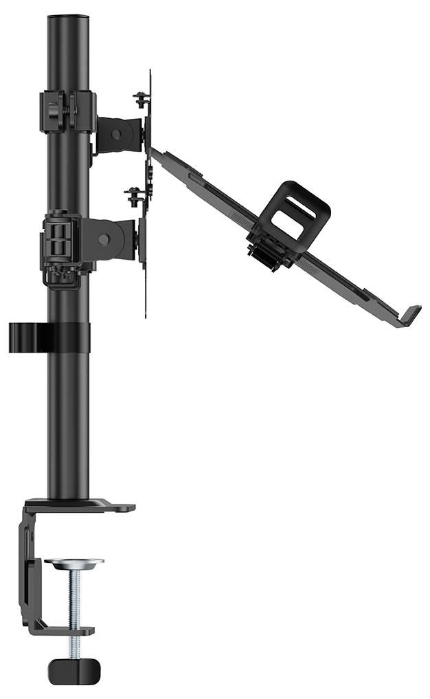 Eine schwarze Monitorhalterung mit verstellbaren Armen, die zur Halterung eines Monitors und eines Laptops konzipiert ist und über eine Klemmvorrichtung zur Befestigung am Schreibtisch verfügt.