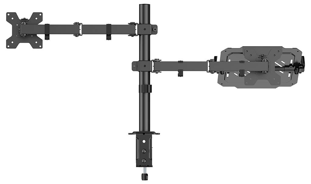 Verstellbarer Dual-Monitor-Ständer mit VESA-Kompatibilität, ausgestattet mit vertikaler zentraler Abstützung und zwei ausfahrbaren Armen für flexible Positionierung.