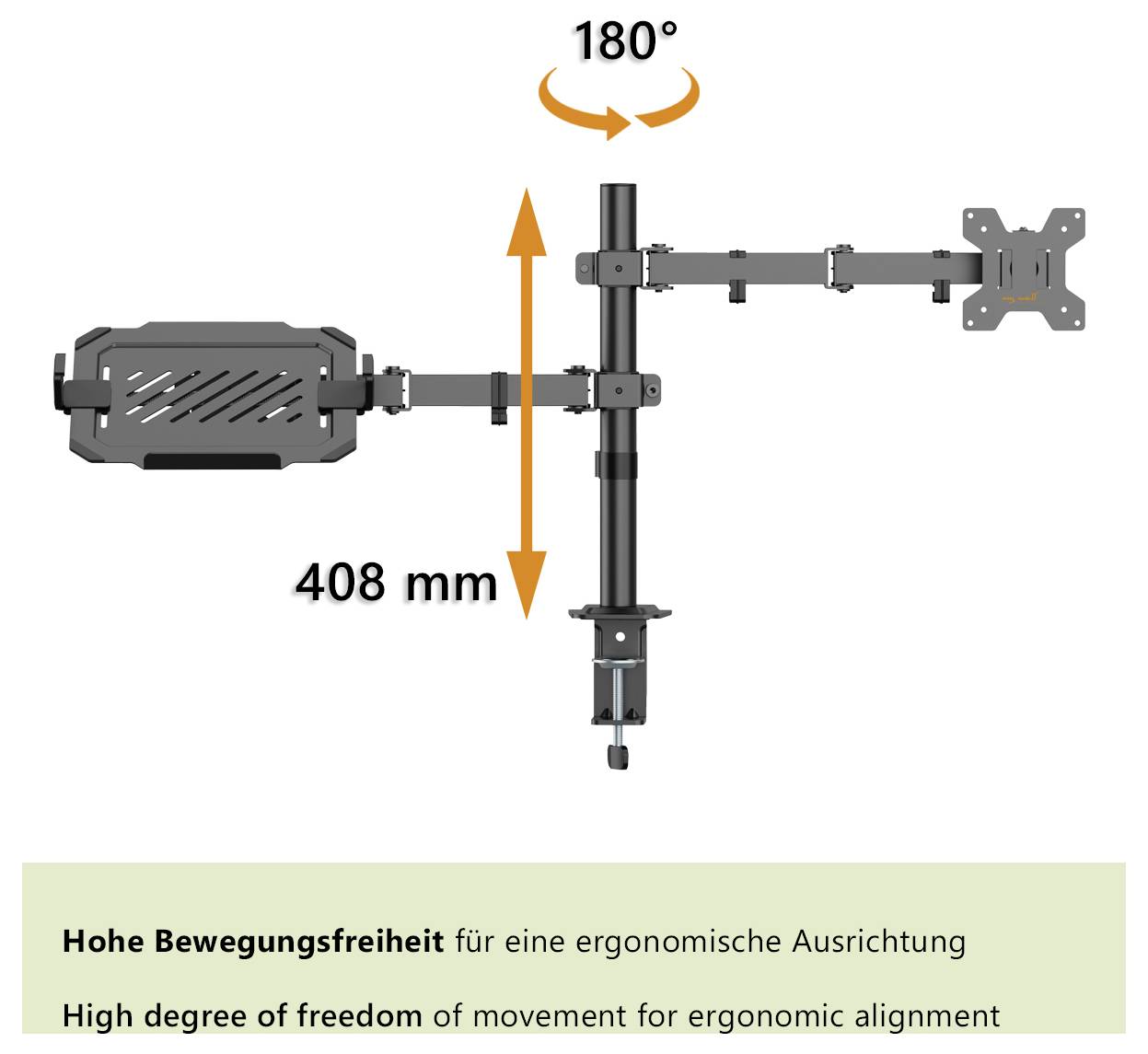 Monitorarm mit 180°-Drehung und 408 mm Ausladung bietet ein hohes Maß an Freiheit für ergonomische Ausrichtung.
