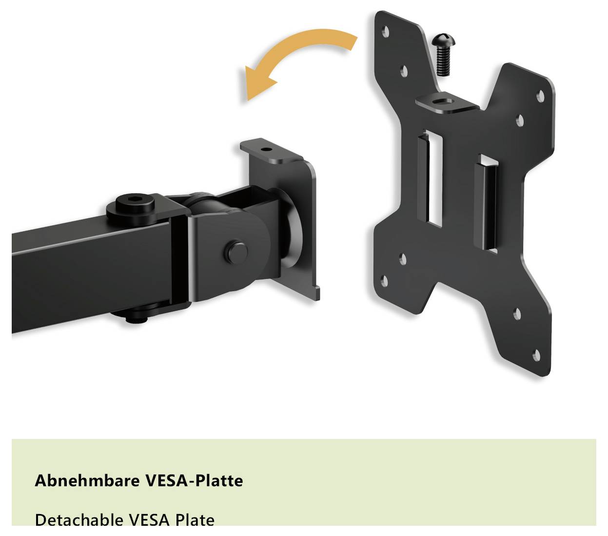 'Abnehmbare VESA-Platte' – Bild zeigt eine Montageplatte, die von einem Arm entfernt wird. Ein orangefarbener Pfeil zeigt die Entfernungsrichtung an.