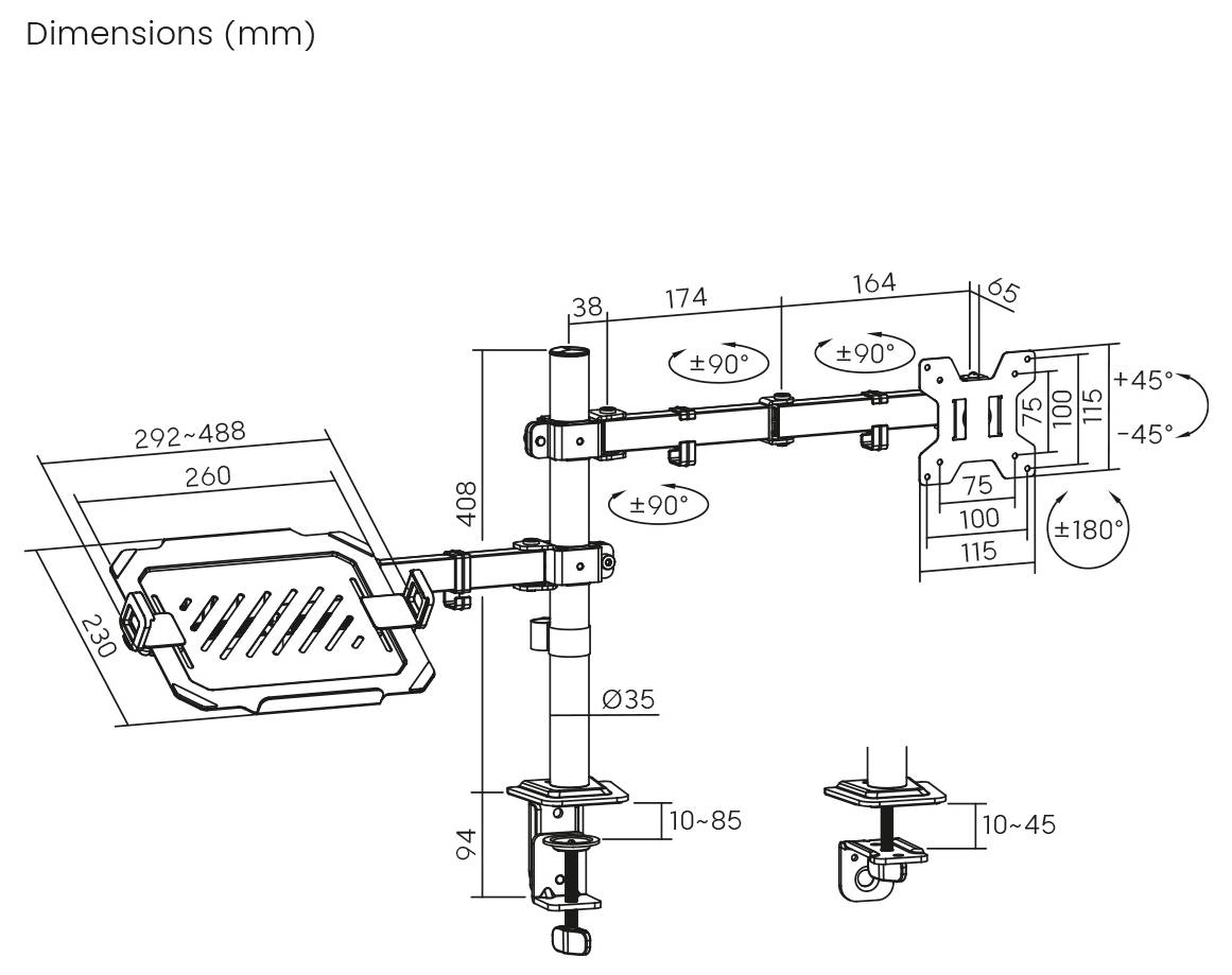 Diagramm eines verstellbaren Monitorarms mit Abmessungen in Millimetern. Umfasst Armhöhe, Winkelverstellungen und Befestigungsdetails der Basis.
