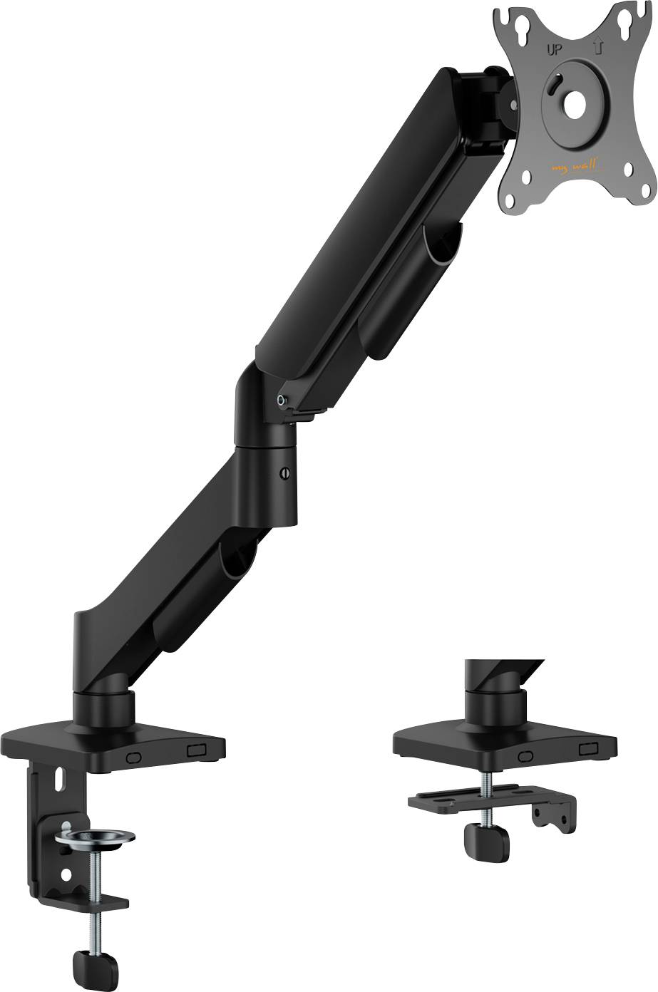 Verstellbarer Monitorarm mit Klemmfuß, in Schwarz dargestellt, ausgelegt zum Halten und Positionieren eines Computerbildschirms auf einem Schreibtisch.