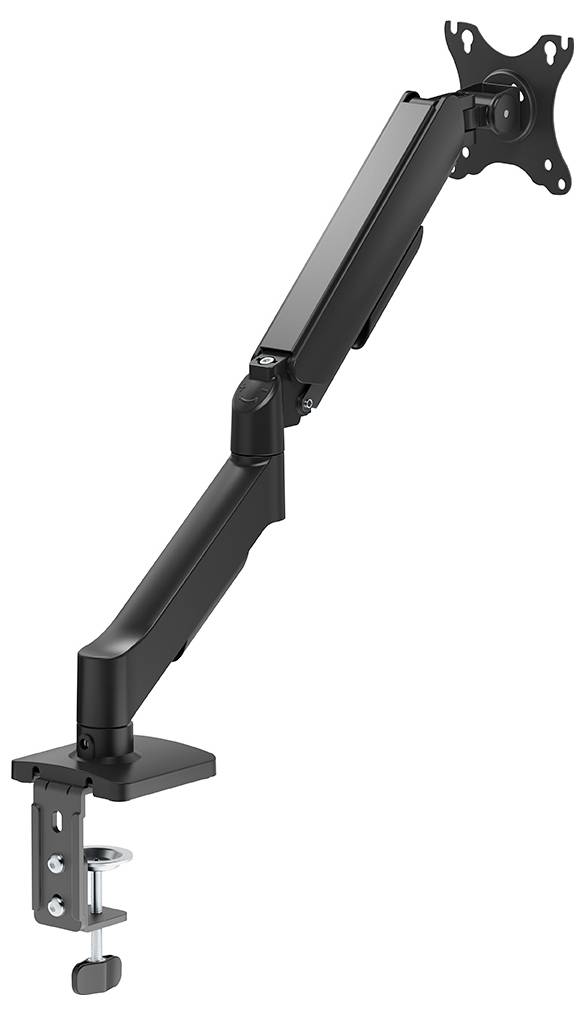 Verstellbarer schwarzer Monitor-Arm mit Klemmbasis zur Befestigung am Schreibtisch, mit Unterstützung für eine Montageklammer zur Bildschirmbefestigung.