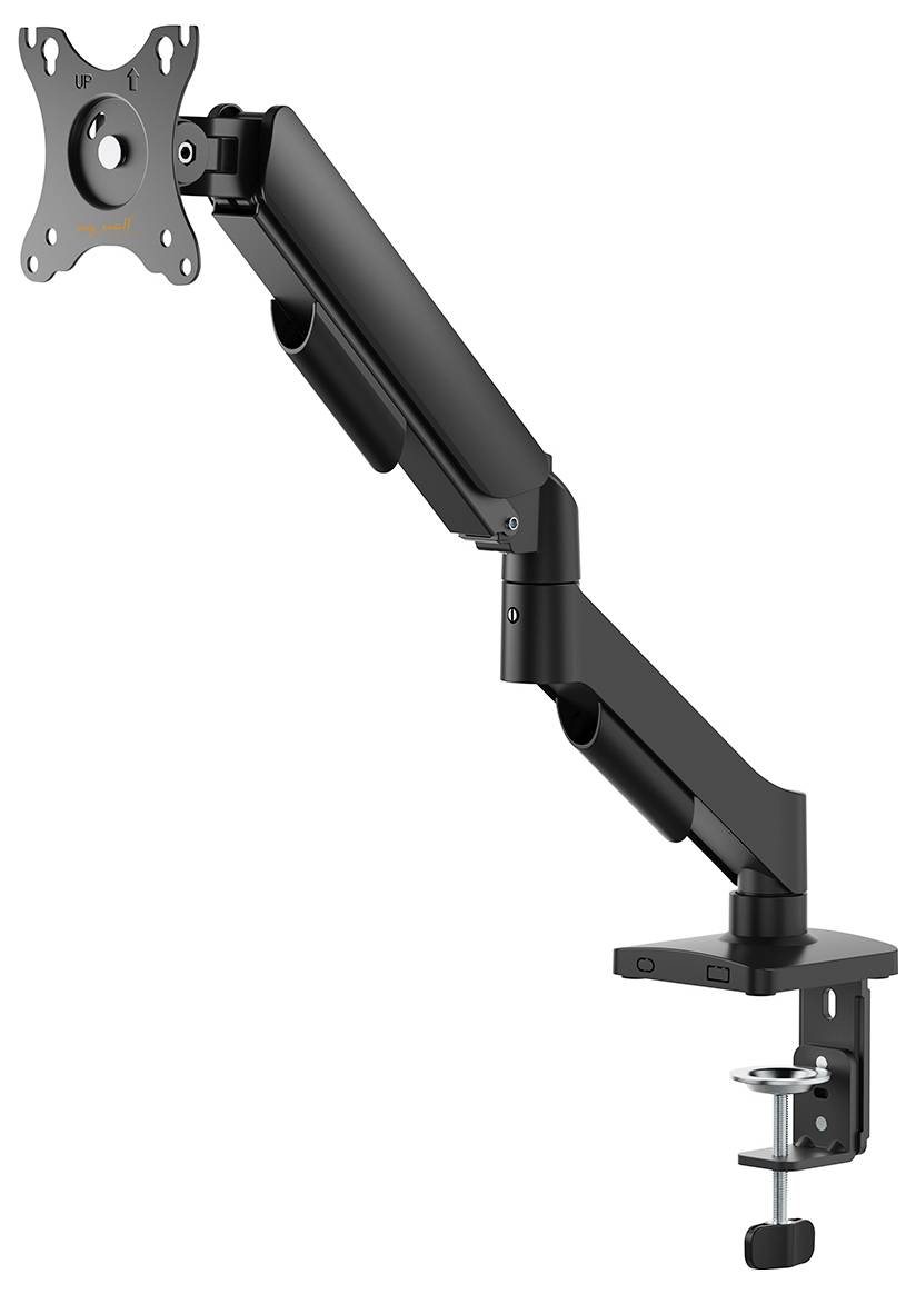 Ein verstellbarer schwarzer Monitorarm mit Klemmhalterung, entwickelt zum Befestigen von Monitoren an Schreibtischen, verbessert die ergonomische Positionierung und spart Platz.