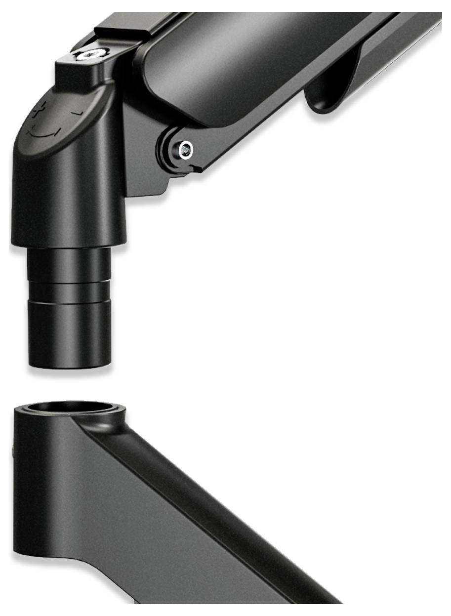 Eine Nahaufnahme von zwei schwarzen mechanischen Teilen, eines über dem anderen, die das Design und den Verbindungspunkt zeigt, wo sie zusammengefügt werden können.