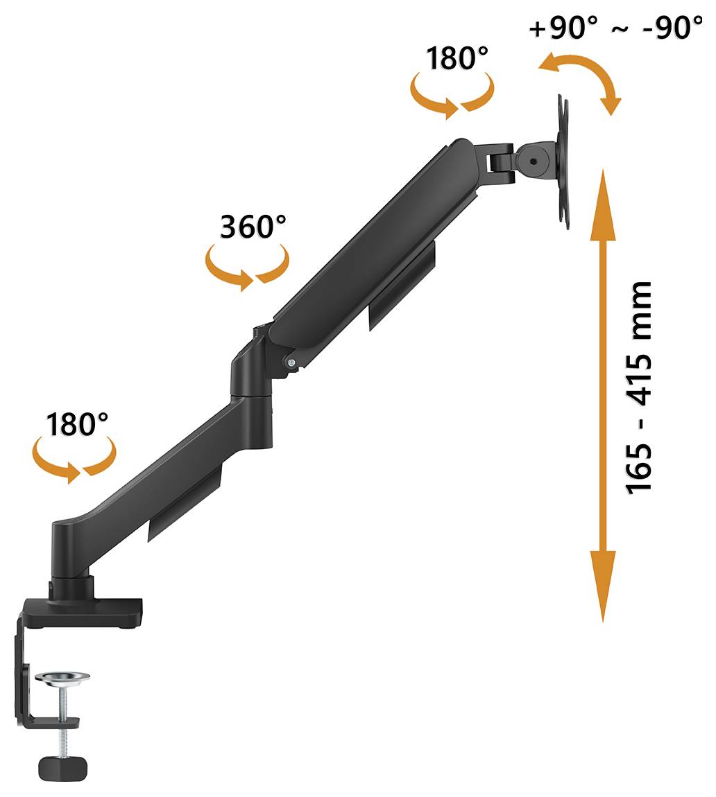Monitor-Arm mit einstellbaren Winkeln: 180° Rotation an der Basis, 360° Schwenkbereich am Ellbogen, 180° Neigung am Ende. Höhe verstellbar von 165 bis 415 mm.
