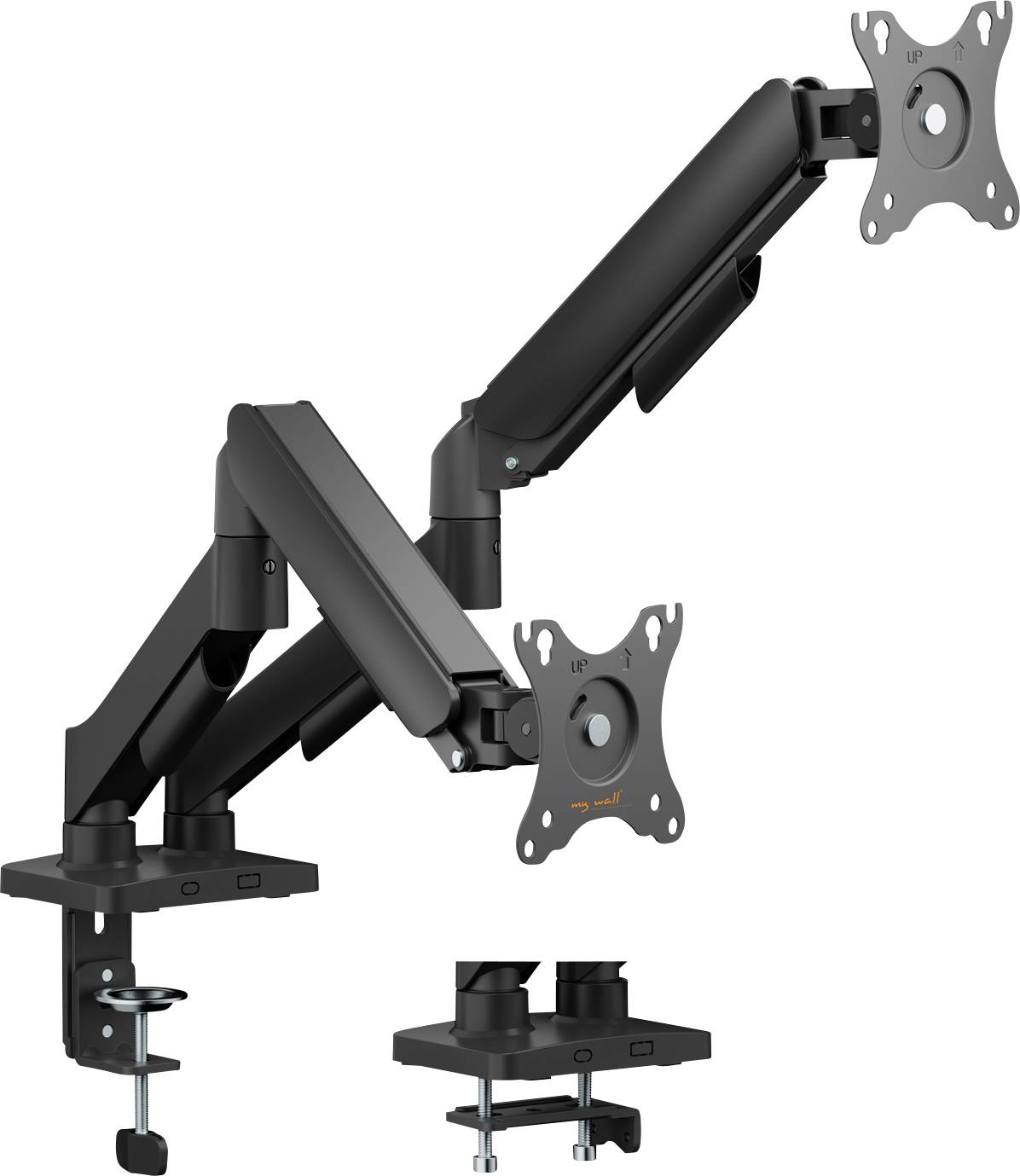 Doppelmonitorarm mit verstellbarer Positionierung, klemmt sich an einen Schreibtisch, hält zwei Bildschirme für eine ergonomische Arbeitsplatzeinrichtung.