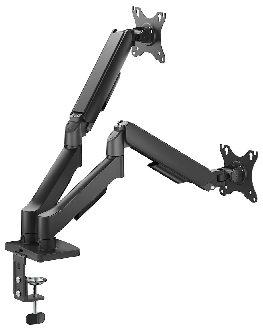 Ein Dual-Arm-Monitorständer mit verstellbaren Gelenken und Klemmvorrichtungen zum Befestigen an einem Schreibtisch, entwickelt um zwei Monitore sicher zu halten.