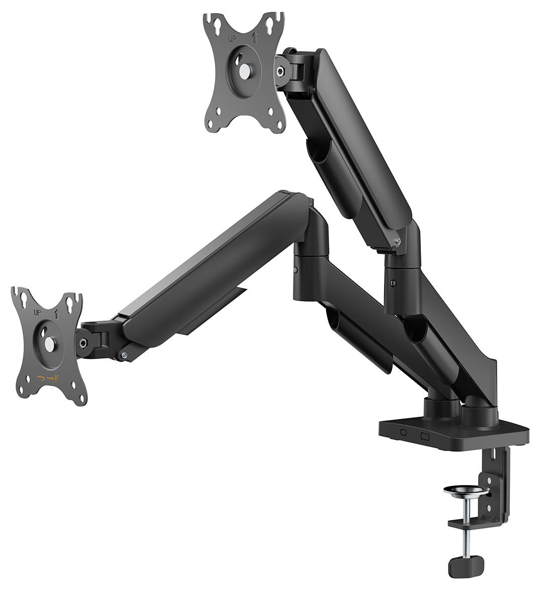 Monitorarm für den Schreibtisch mit zwei verstellbaren Armen für ein Doppelbildschirm-Setup, konzipiert zum Befestigen an der Schreibtischkante für ergonomische Positionierung.