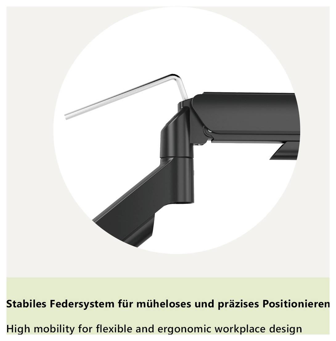 Stabiles Federsystem für müheloses und präzises Positionieren. Hohe Mobilität für flexible und ergonomische Arbeitsplatzgestaltung. Ein gelenkiger Arm mit Federsystem.