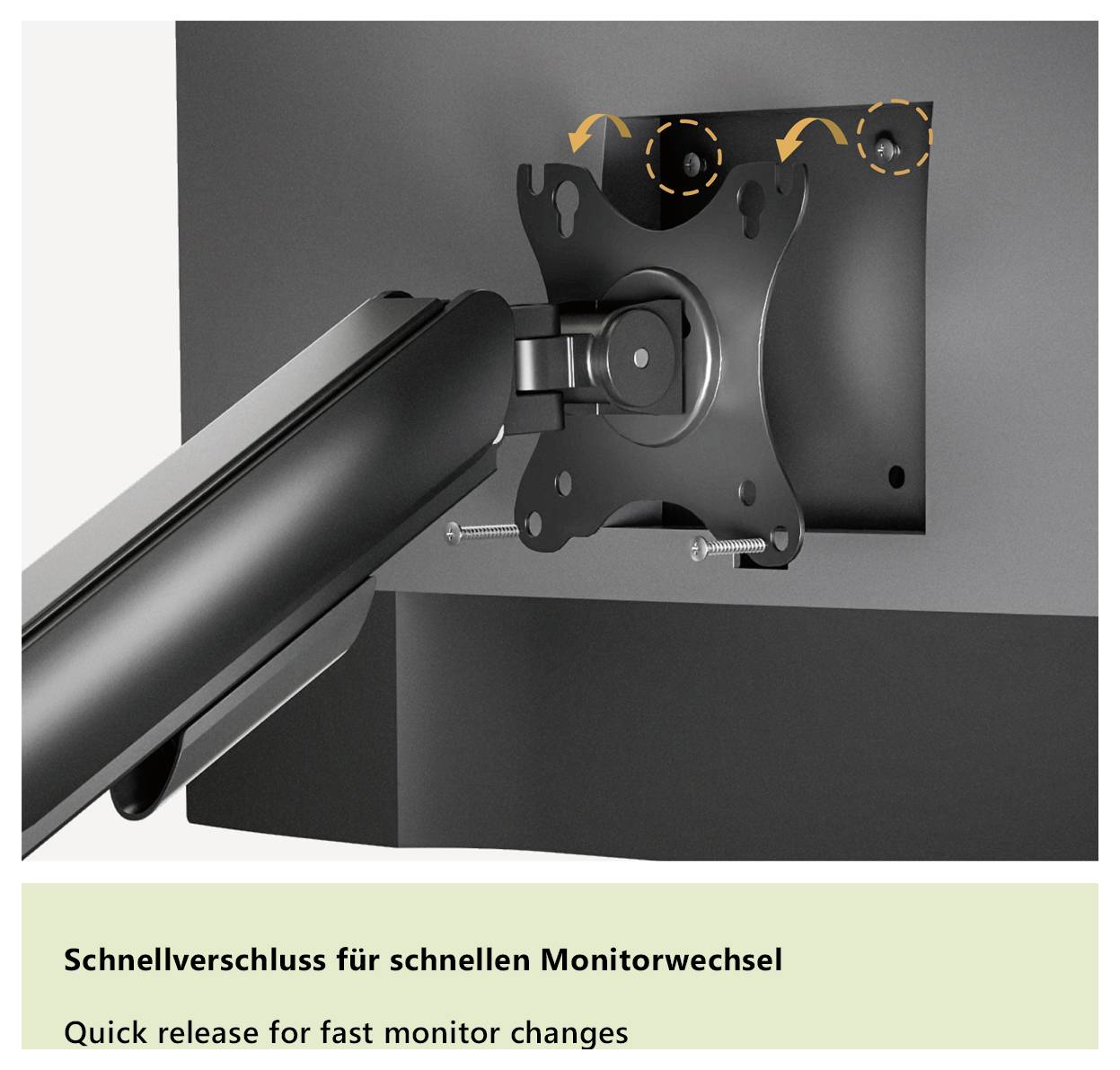 Schnellwechselhalterung an einem Monitorarm, konstruiert für einfache und schnelle Monitorwechsel, dargestellt befestigt an der Rückseite eines Monitors.