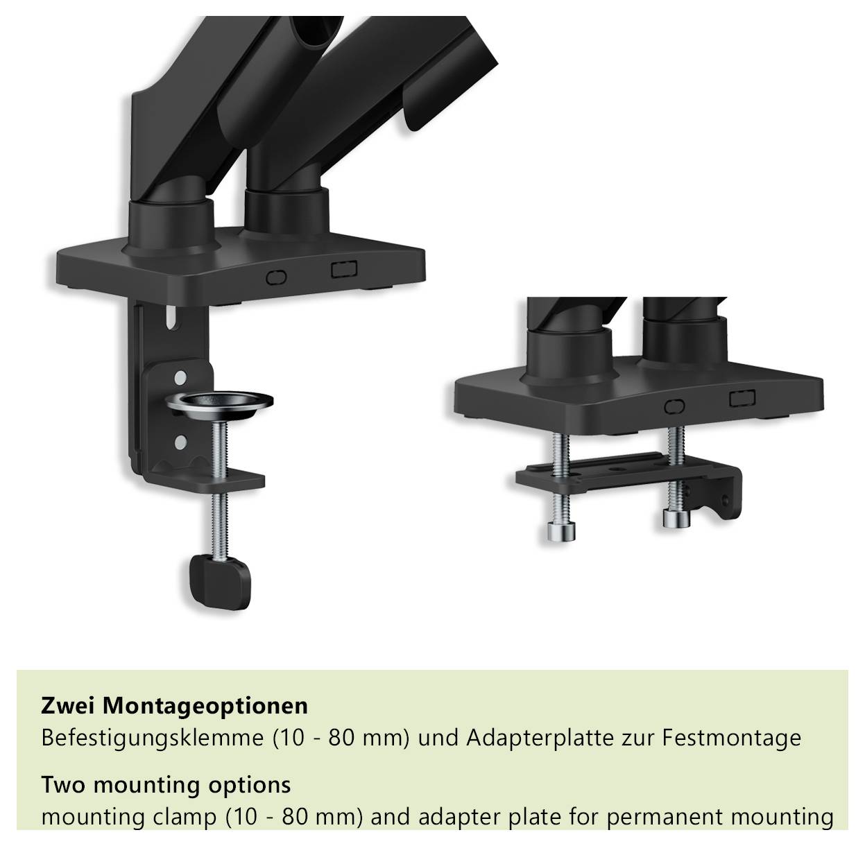 Zwei Montagemöglichkeiten: Montageklammer (10 - 80 mm) und Adapterplatte zur Dauermontage.