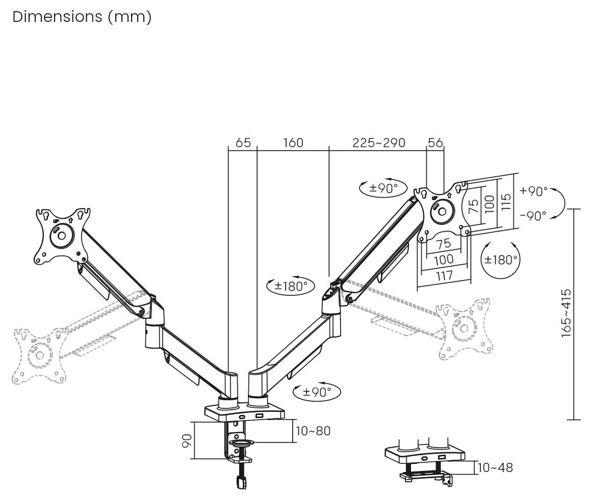Diagramm von verstellbaren Dual-Monitor-Armen mit Abmessungen in Millimetern, die für Höhe, Breite und Rotationswinkel angegeben sind.