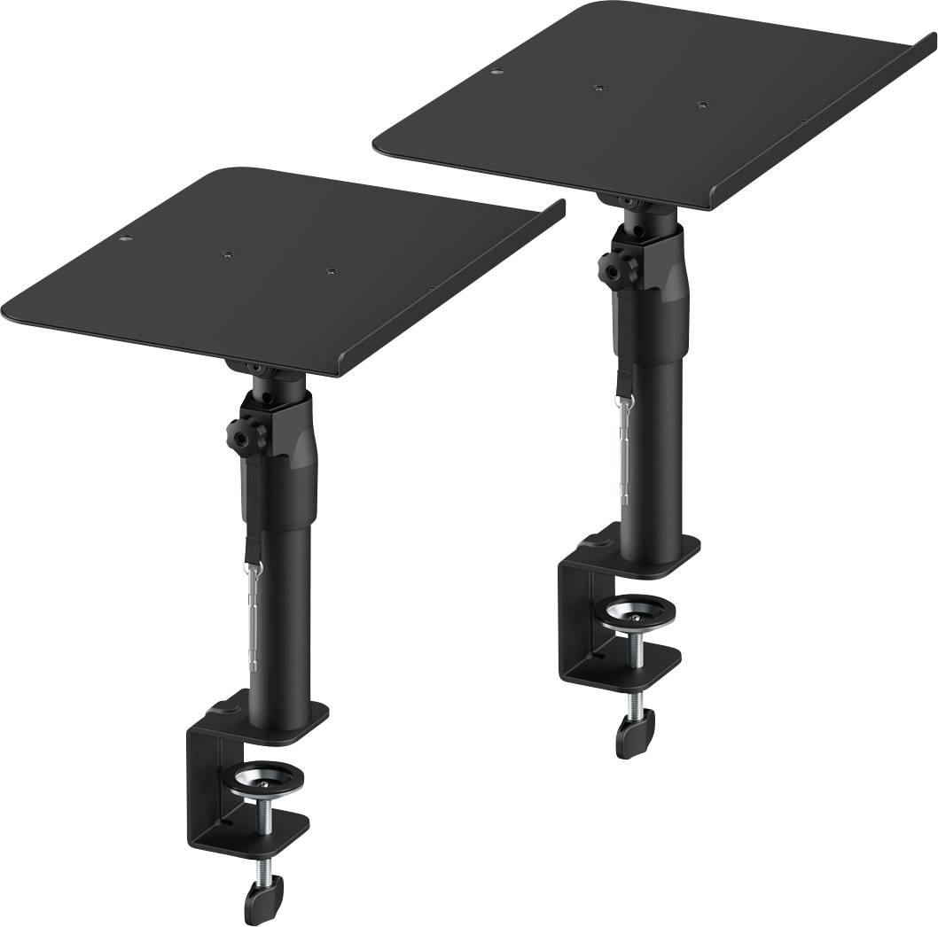 Zwei schwarze verstellbare Schreibtischklemmen mit flachen Plattformen, entwickelt zur Unterstützung von Monitoren oder Lautsprechern, mit Schraubklemmmechanismen für Stabilität.