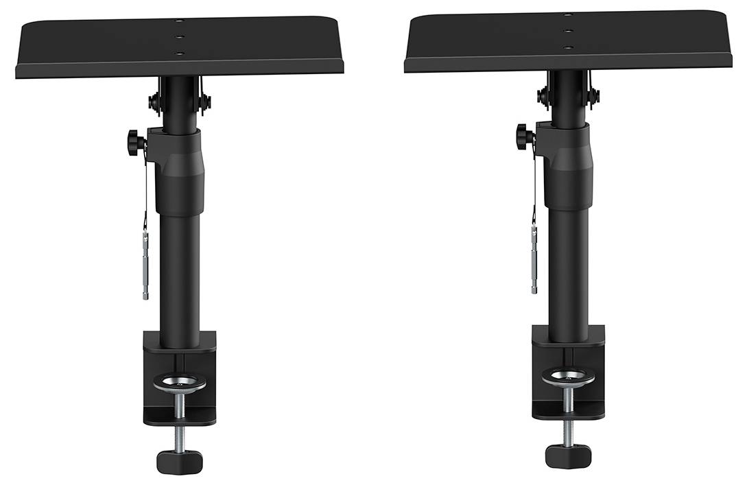 Zwei schwarze verstellbare Lautsprecherstative mit Klemmhalterungen.