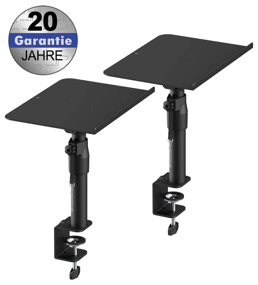 Zwei schwarze verstellbare Monitorständer mit Klemmbasen, von denen jeder eine rechteckige Plattform trägt. Das Logo in der Ecke lautet „20 Jahre Garantie