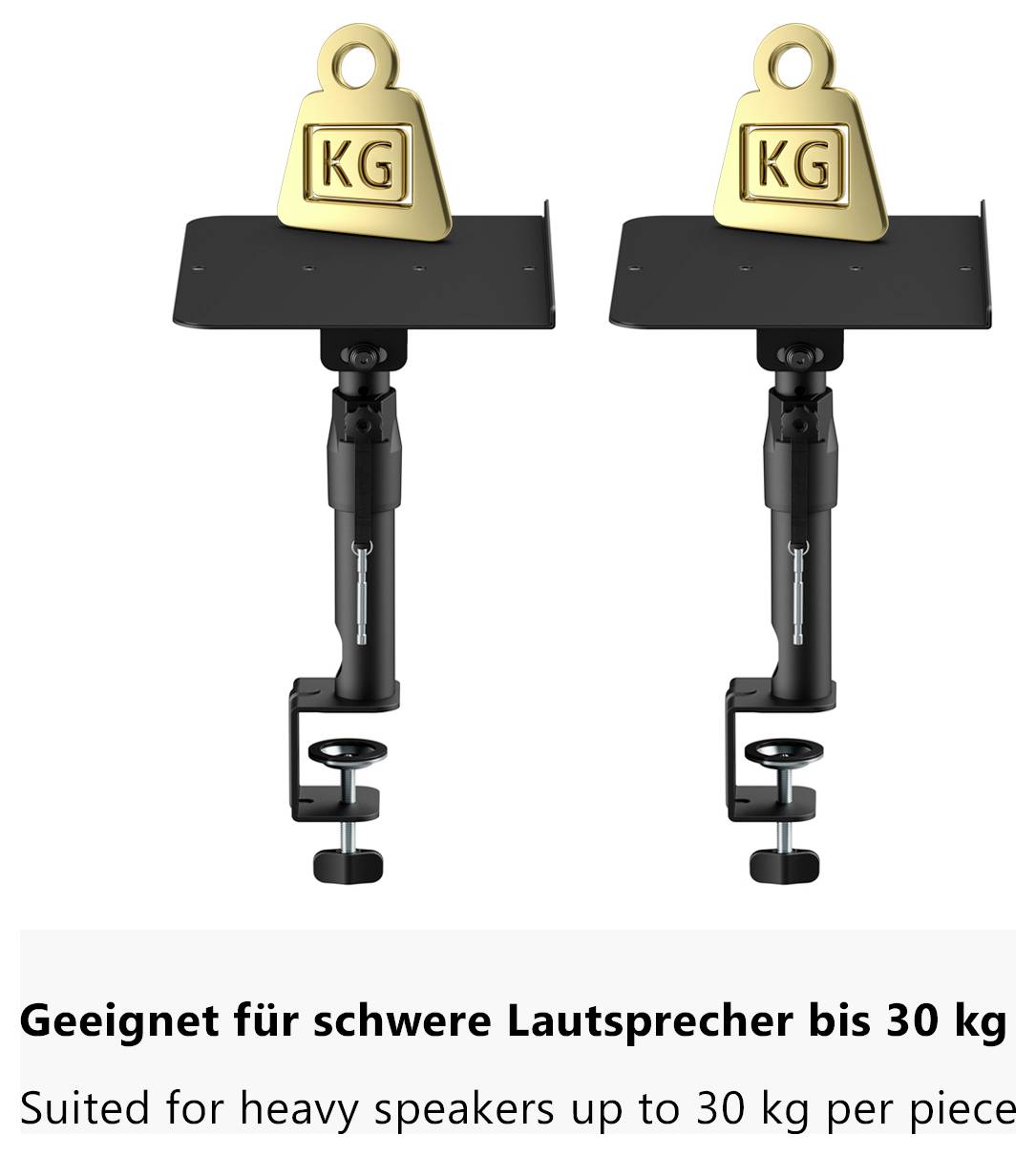 „Zwei schwarze Lautsprecherhalterungen mit goldenen Gewichtssymbolen, die jeweils bis zu 30 kg tragen.