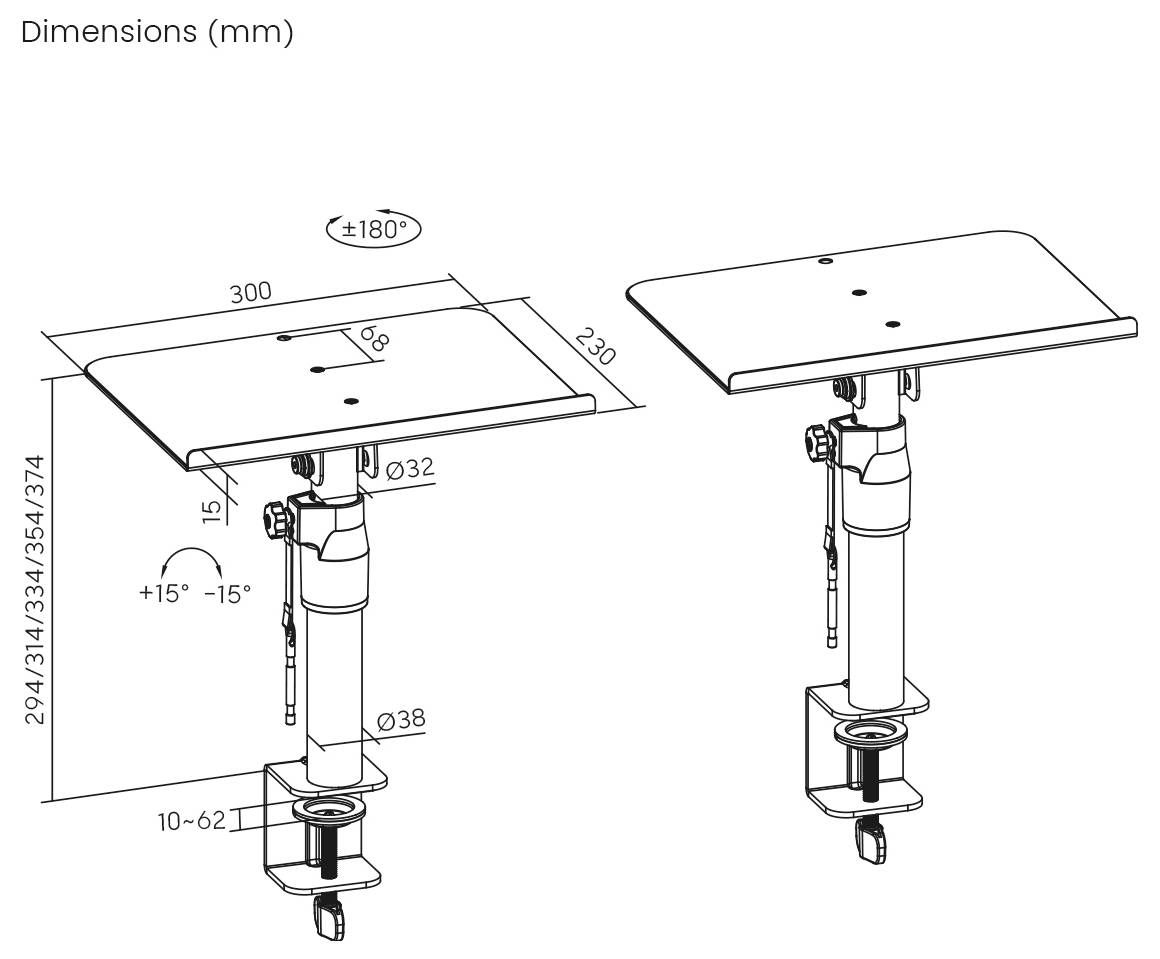 'Abmessungen (mm):' Zwei verstellbare Tische mit Abmessungen von 300x230mm und einer Höhe von 294-374mm. Die Ausstattungsmerkmale umfassen einen ±180°-Dreh- und ±15°-Neigebereich.