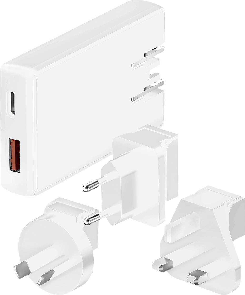 Reiseadapter mit mehreren USB-Anschlüssen und austauschbaren Steckern für verschiedene internationale Steckdosen, die Vielseitigkeit und Mobilität hervorheben.