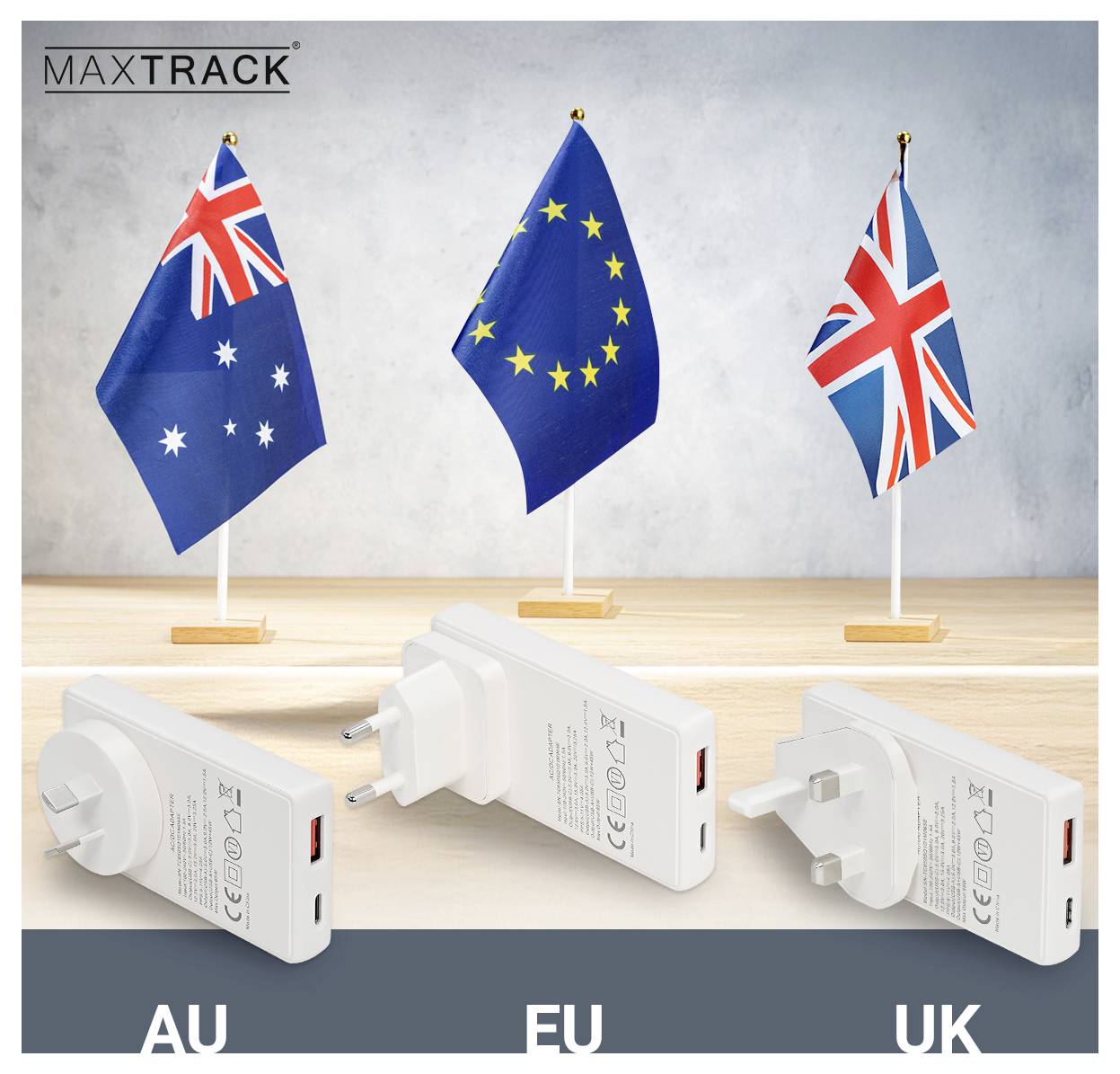 MAXTRACK Reiseadapter für AU, EU und UK mit entsprechenden Flaggen. Die Adaptergestaltung entspricht den Steckerstandards jeder Region.
