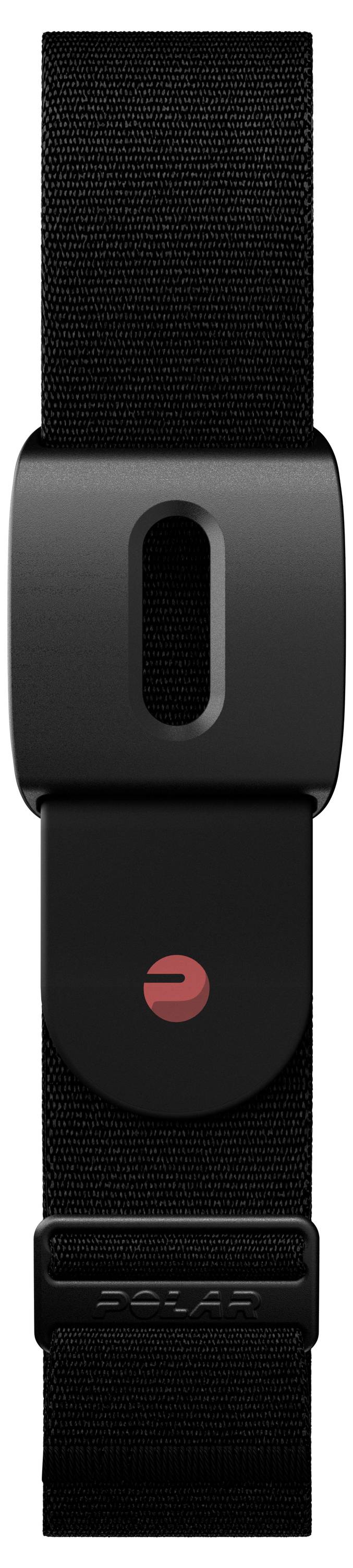 Ein schwarzer Riemen mit einer rechteckigen Schnalle mit einem kleinen roten Kreis-Symbol in der Mitte.